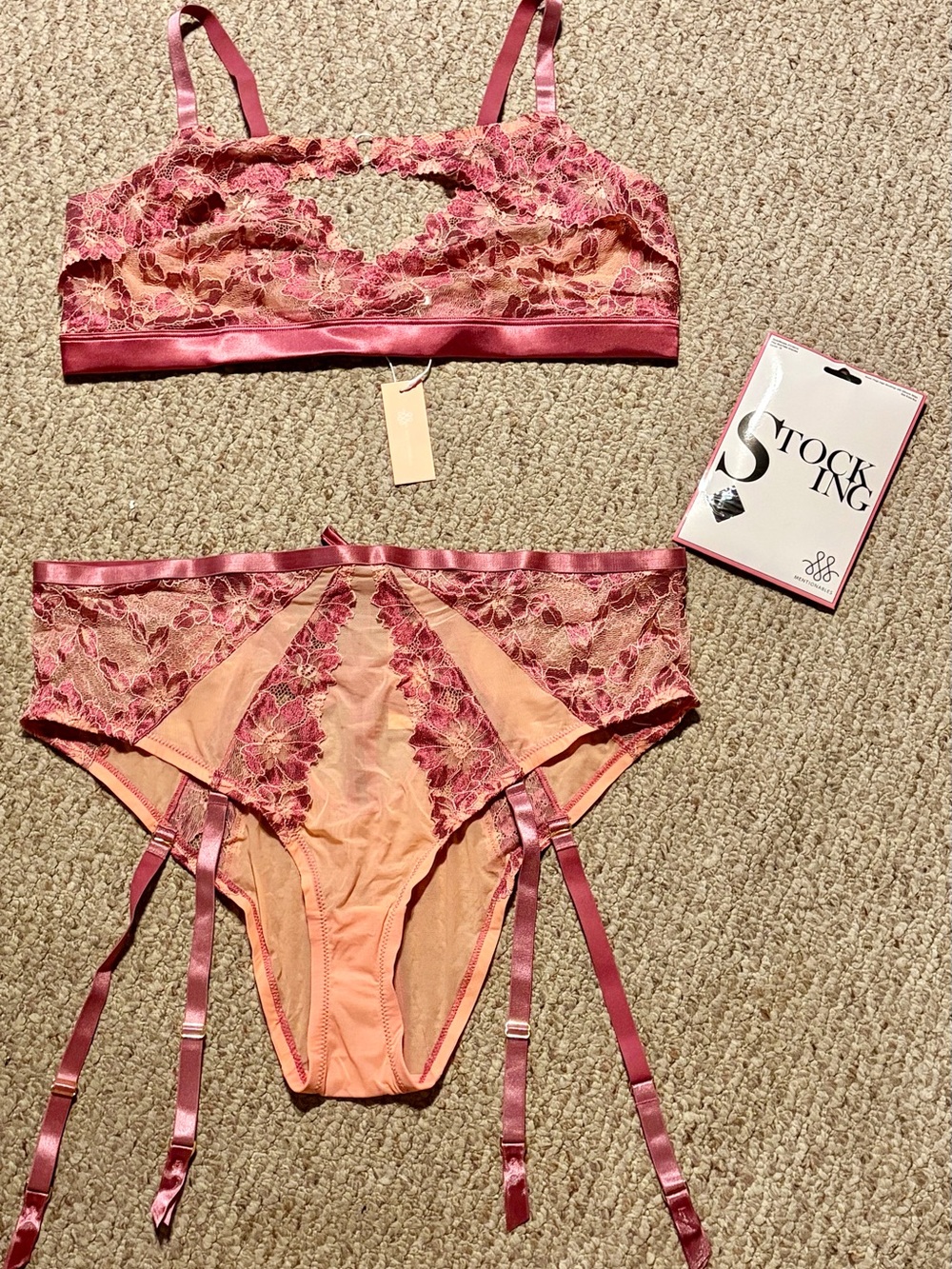 Sheer Floral Lace Bralette & Garter Panty Set - Pink Peach w/ Stockings